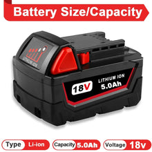 Load image into Gallery viewer, HOMEDAS M18 18V 5Ah Li-ion Battery Replacement for Milwaukee M18 Battery, 5.0Ah Replacement Battery for Milwaukee 18V Battery 48-11-1840 48-11-1828 48-11-1820 48-11-1815 48-11-1850 with LED