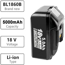 Load image into Gallery viewer, HOMEDAS 4x BL1850B 18V 5.0Ah Li-ion Replacement Battery for Makita 18V Battery BL1860B BL1860 BL1850 BL1840 BL1830 Cordless Power Tools with LED Indicator + 3.5Ah DC18RD 14.4V/18V Replacement Charger