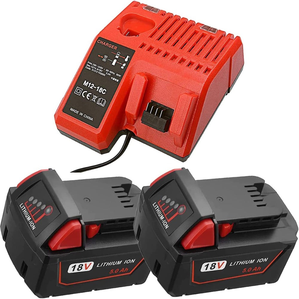 HOMEDAS 2X 18V 5.0Ah Li-ion Replacement Battery for Milwaukee 18V Battery + M12-18C Li-ion Charger Replacement for Milwaukee M18 Battery 48-11-1850 48-11-1840 48-11-1815 48-11-1820 48-11-1828