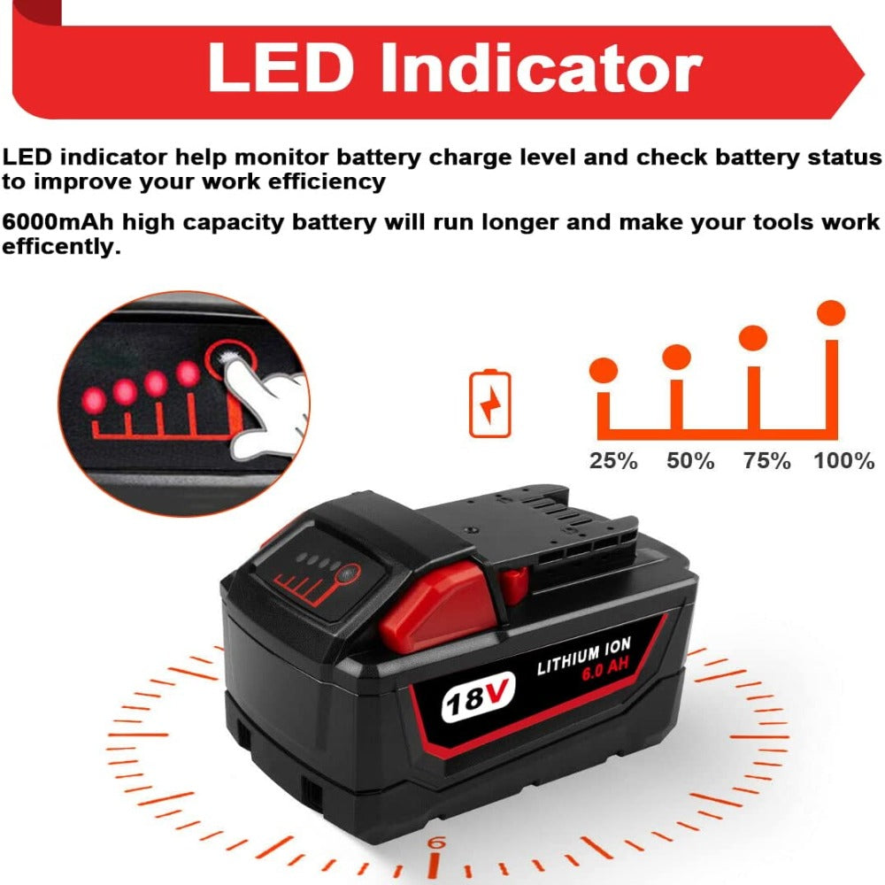 HOMEDAS 4X 18V 6Ah Li-ion Battery Replacement for Milwaukee M18 Battery 48-11-1850 48-11-1840 48-11-1815 48-11-1820 + 3A M12-18C 12V-18V Li-ion Charger Replacement for Milwaukee M12 M14 M18 Battery