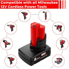 Load image into Gallery viewer, HOMEDAS M12 5.0Ah 12V Lithium-ion Replacement Battery Compatible with Milwaukee M12 Battery XC 48-11-2411 48-11-2420 48-11-2401 2455-20 Replacement for Milwaukee M12 Cordless Tools Batteries