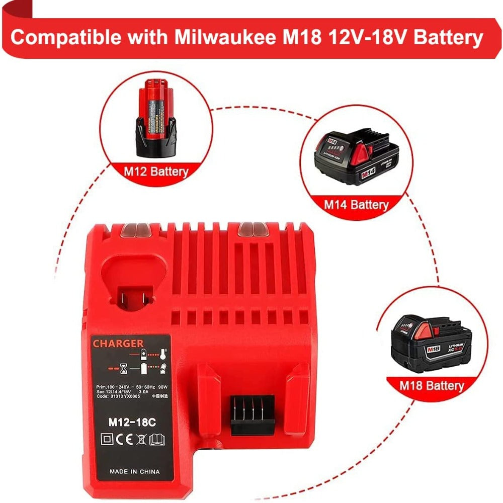 HOMEDAS 2X 6.0Ah Li-ion Battery Replacement for Milwaukee 18V M18 Batteries 48-11-1850 48-11-1840 48-11-1815 48-11-1820 48-11-1828 + M12-18C 12V-18V Li-ion Charger Replacement for M12 M14 M18 Battery