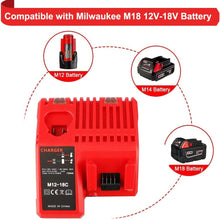 Load image into Gallery viewer, HOMEDAS 2X 6.0Ah Li-ion Battery Replacement for Milwaukee 18V M18 Batteries 48-11-1850 48-11-1840 48-11-1815 48-11-1820 48-11-1828 + M12-18C 12V-18V Li-ion Charger Replacement for M12 M14 M18 Battery