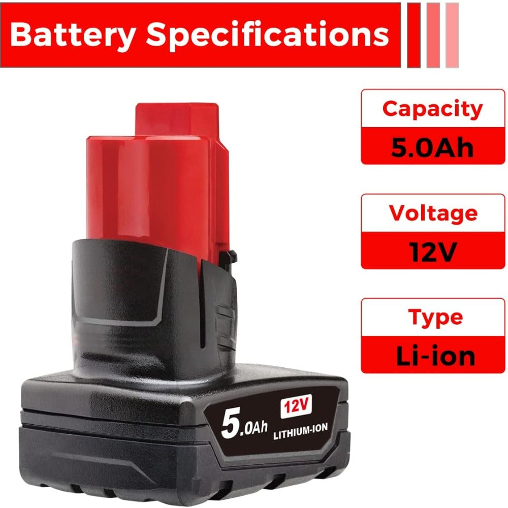 HOMEDAS M12 5.0Ah 12V Lithium-ion Replacement Battery Compatible with Milwaukee M12 Battery XC 48-11-2411 48-11-2420 48-11-2401 2455-20 Replacement for Milwaukee M12 Cordless Tools Batteries