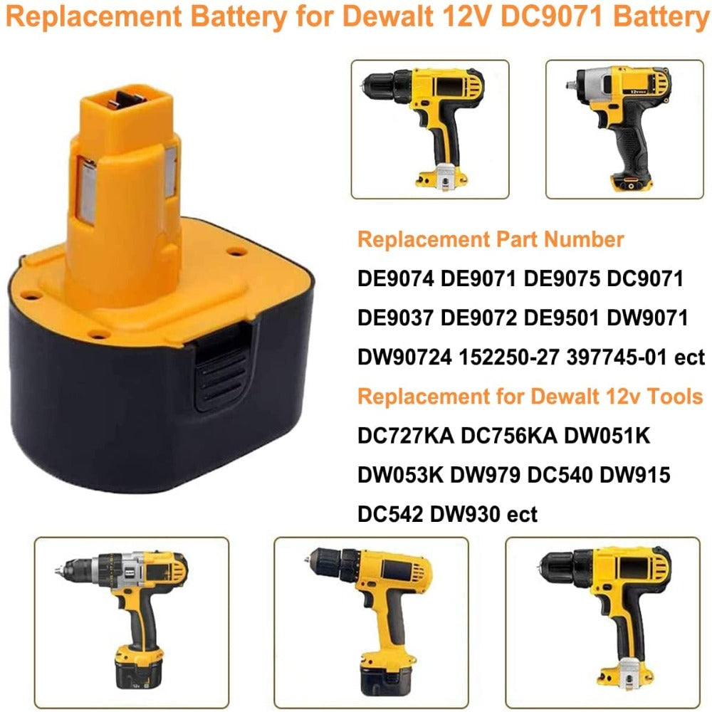 [2 Packs] HOMEDAS 12V 3000mAh DC9071 Ni-MH Battery Replacement for Dewalt 12V Battery DE9074 DW9072 DW9071 DE9071 DE9072 DE9075 DE9501 DC9072 152250-27 397745-01 Cordless Power Tools Battery