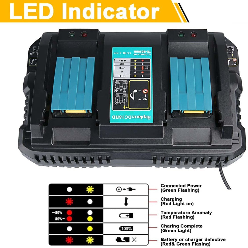HOMEDAS 3.5A 14.4V-18V Li-Ion Battery Charger DC18RD Replacement for Makita 14.4V-18V Lithium ion Battery and 18V 5.0Ah Li-ion Replacement Battery for Makita 18V Battery with LED Indicator