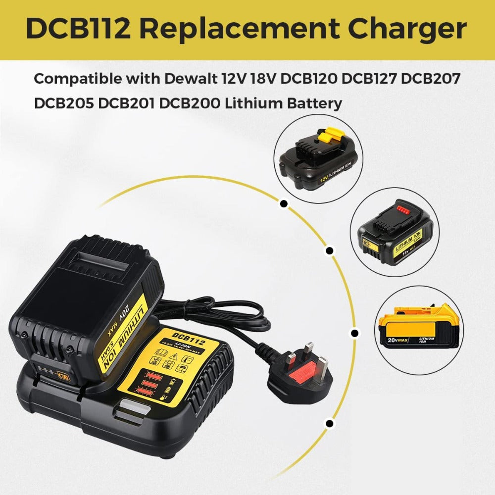 HOMEDAS DCB112 2A Li-ion 12V 14.4V 18V Replacement Battery Charger Compatible with Dewalt 12V-18V Lithium Battery DCB205 DCB127 DCB101 DCB102 DCB203 DCB105 DCB115 DCB200 DCB201