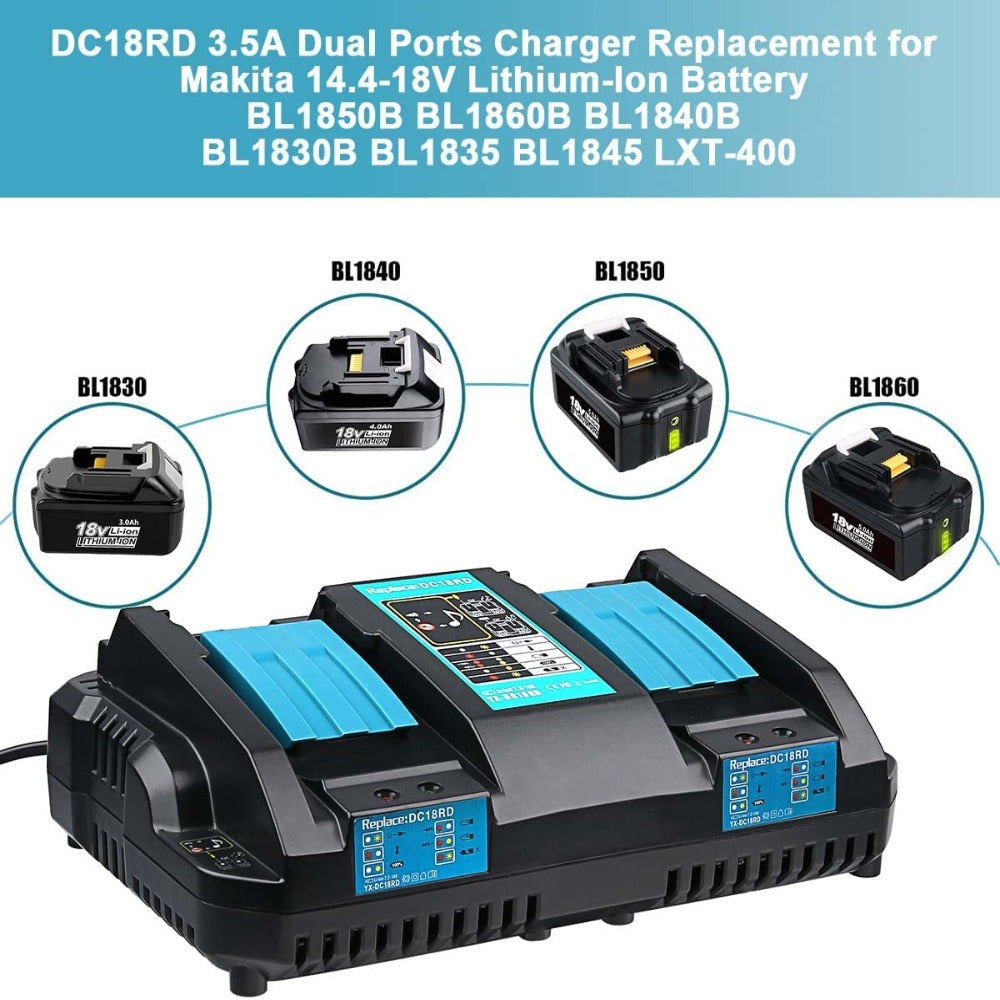 HOMEDAS DC18RD 3.5A 14.4V-18V Dual Port Li-ion Battery Charger Replacement for Makita DC18RC DC18SF Power Tools Battery Charger for BL1830 BL1840 BL1850 BL1860 BL1815 BL1430 BL1450 BL1440