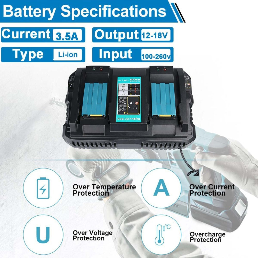 HOMEDAS BL1850B 5500mAh 18V Li-ion Replacement Battery for Makita 18V Battery + 3.5A DC18RD Li-Ion Charger Replacement for Makita 14V-18V Li-ion Battery BL1860B BL1850B BL1850 BL1840B LXT-400