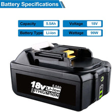 Load image into Gallery viewer, HOMEDAS BL1850B 5500mAh 18V Li-ion Replacement Battery for Makita 18V Battery + 3.5A DC18RD Li-Ion Charger Replacement for Makita 14V-18V Li-ion Battery BL1860B BL1850B BL1850 BL1840B LXT-400