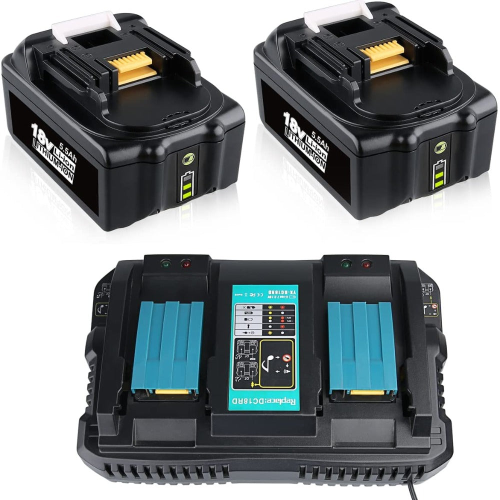 HOMEDAS 2X BL1850B 5.5Ah Li-ion Replacement Battery for Makita 18V Battery + 3.5A Li-Ion Charger DC18RD Replacement for Makita Battery BL1860B BL1850B BL1850 BL1840B BL1840 BL1830B BL1830 LXT-400
