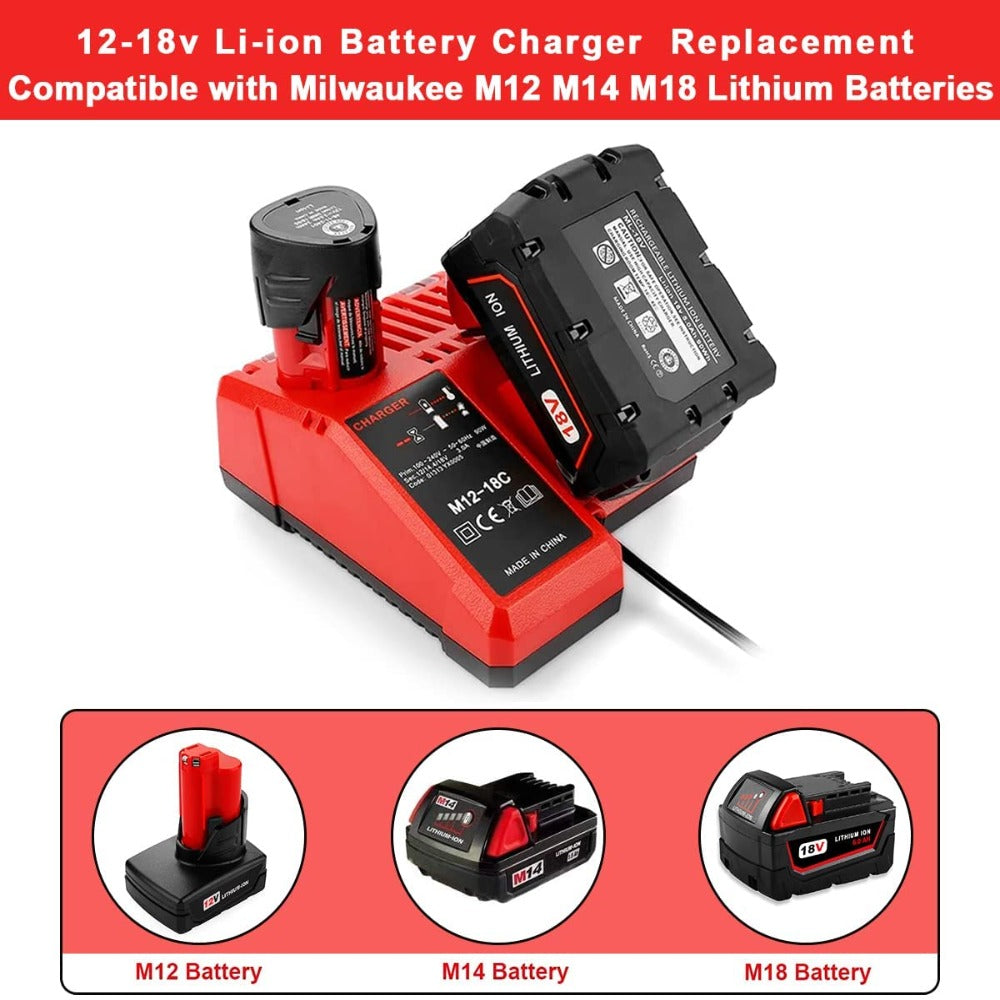 HOMEDAS 2X 18V 5.0Ah Li-ion Replacement Battery for Milwaukee 18V Battery + M12-18C Li-ion Charger Replacement for Milwaukee M18 Battery 48-11-1850 48-11-1840 48-11-1815 48-11-1820 48-11-1828